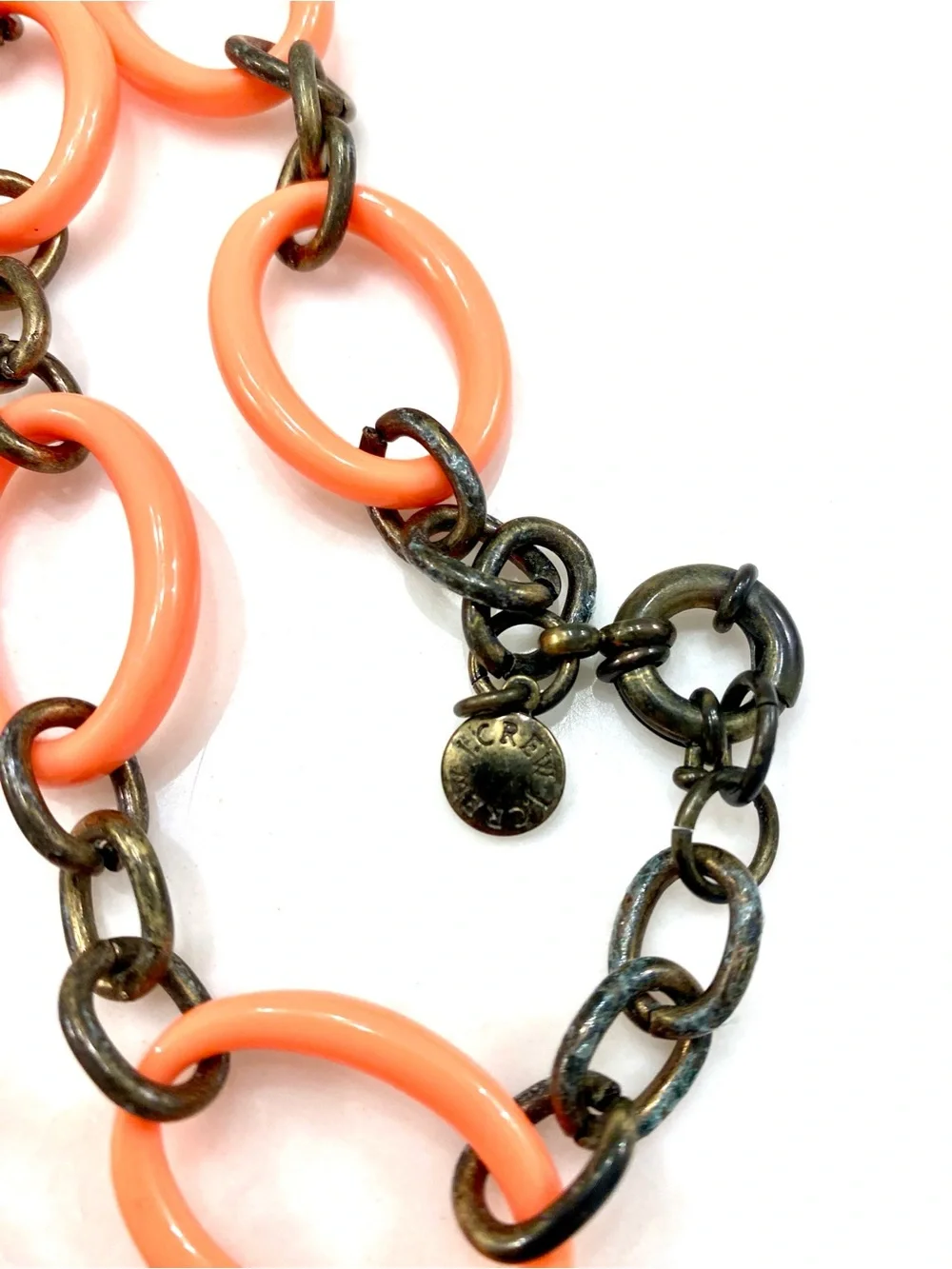 Vintage J. Crew Neon Coral Link Necklace with Brass Chain